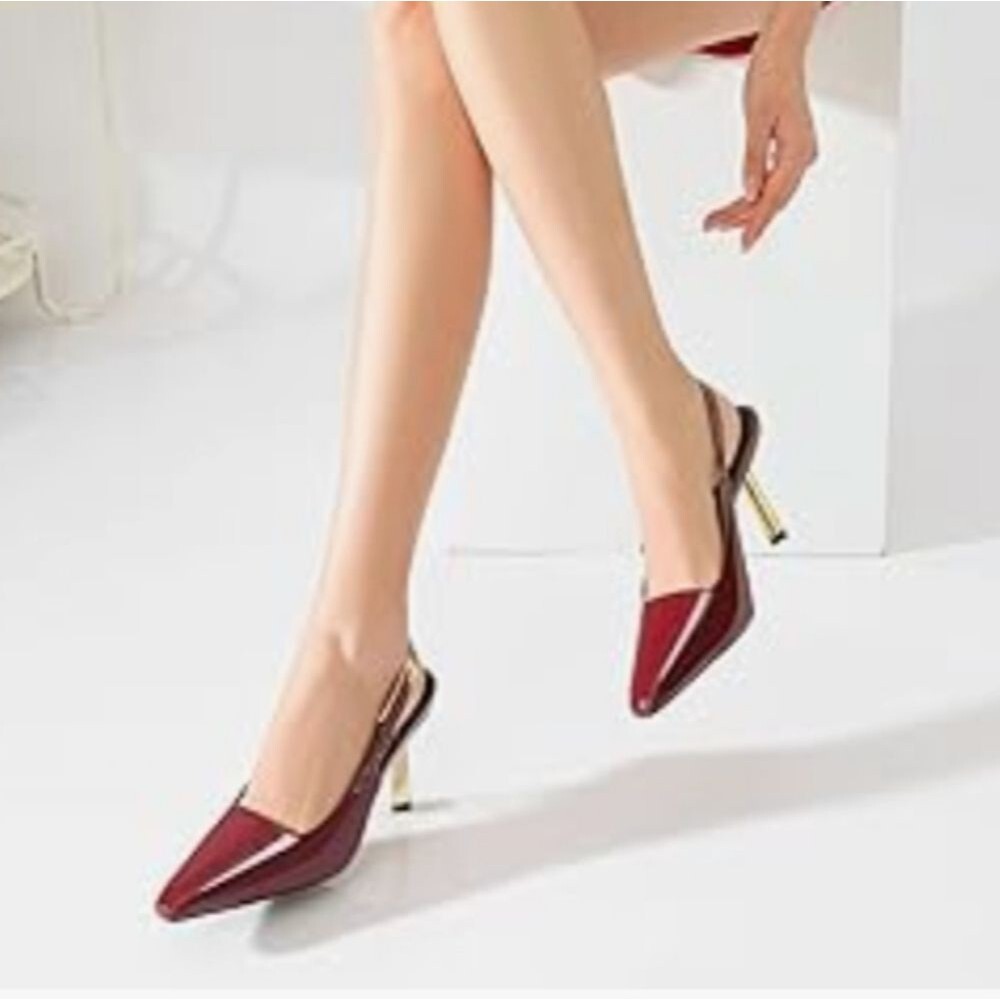 Ribongz Elegant Burgundy Faux Patent Leather Slingback Heels Size 8.5 NWT - Picture 4 of 14